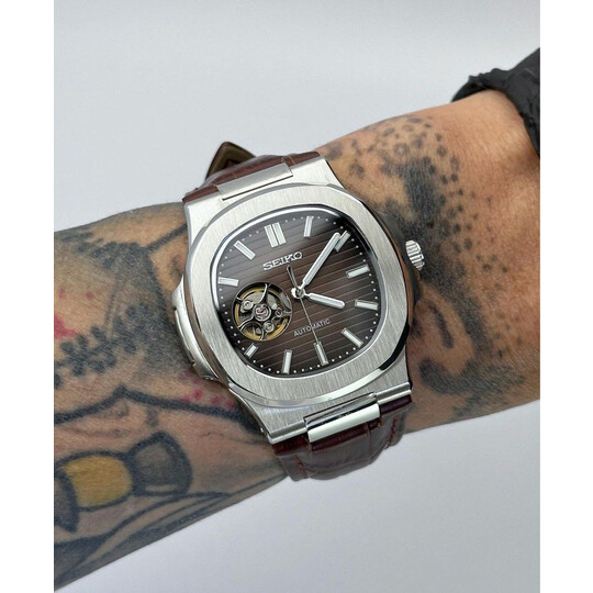 Custom Seiko Mod • Brown Open Heart Nautilus on Leather Strap • 40mm